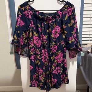 Express Floral Romper - Pink and Green on navy blue